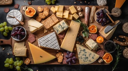 Cheese plate with different types of fermented milk products. Assortment on a wooden board. Snack for wine. Generative AI
