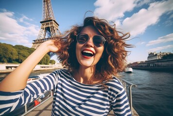 a girl taking a selfie in paris with the eiffel tower - obrazy, fototapety, plakaty
