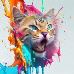 A cat's head emerging from multi-colored paint splashed in all directions. Creative and abstract concept of depicting animals. Generative Ai, Ai.