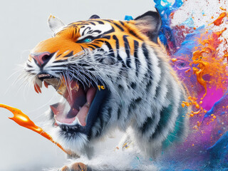 The head of a tiger emerging from multicolored paint splashed in all directions. Creative and abstract concept of depicting animals. Generative Ai, Ai.
