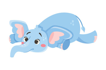 Cute Blue Baby Elephant Character Lying with Large Ear Flaps and Trunk Vector Illustration