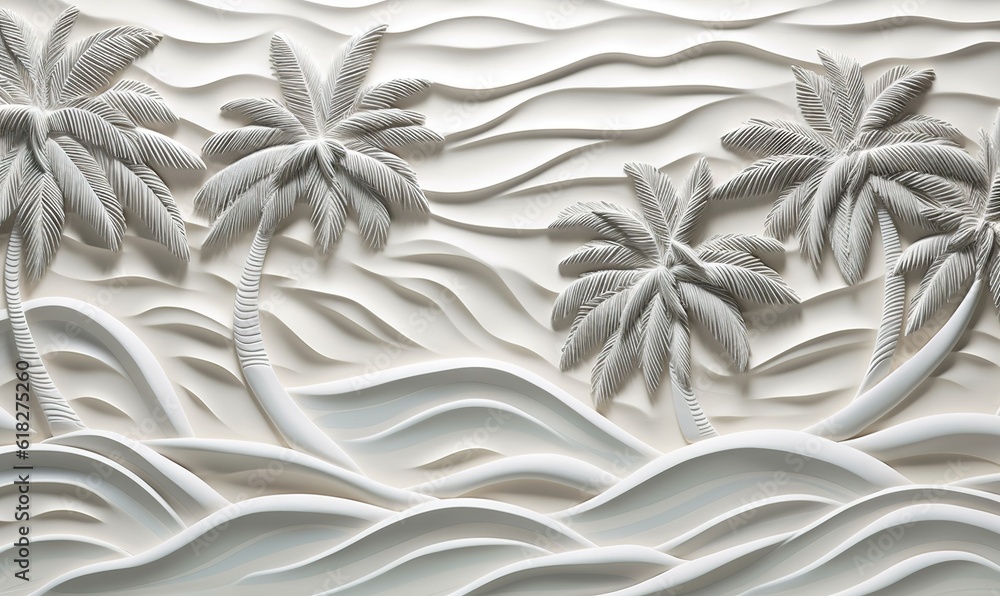 Poster a paper sculpture of palm trees on a wave pattern of white paper with waves and waves in the foregro