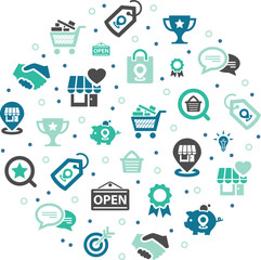 Buy local vector illustration. Blue concept with connected icons related to supporting small business or retailer, shopping in local retail store, customer loyalty.