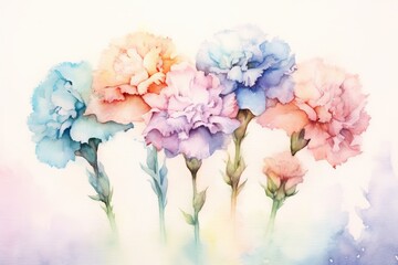 Pastel Carnations watercolor illustration. AI generated