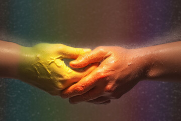 Two Caucasian hands firmly hold a rainbow, symbolizing unity, love, and support for the LGBTQ+ community. Generative Ai, Ai.