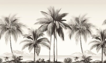  a black and white photo of a palm tree lined beach with mountains in the distance and clouds in the sky in the distance, with a black and white background.  generative ai