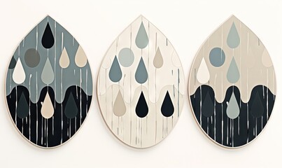  three circular paintings of raindrops on a white wall, one of which is hanging on the wall and the other of which is hanging on the wall.  generative ai