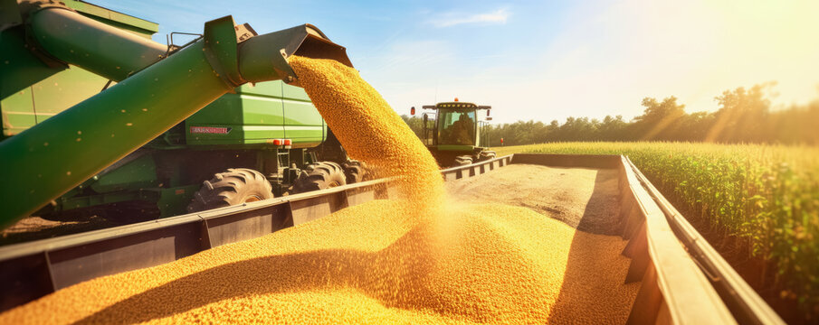Harvester pouring freshly harvested corn maize seeds or soybeans into container trailer near, closeup detail, afternoon sunshine. Agriculture concept. Generative AI