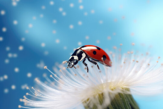 A beautiful small red ladybug in flight, against a white fluffy dandelion. A macro shot that focuses on the details, with a blue background and ample copy space. Generative Ai, Ai.