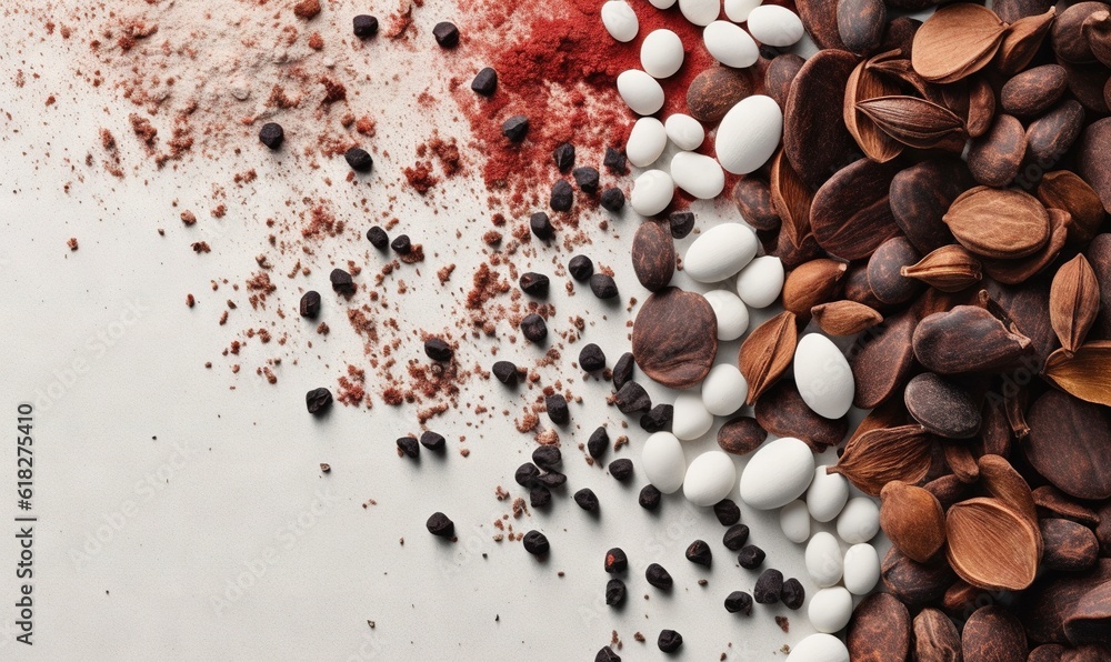 Poster a pile of nuts next to a pile of red and white chocolate chips and nuts on a white surface with a re