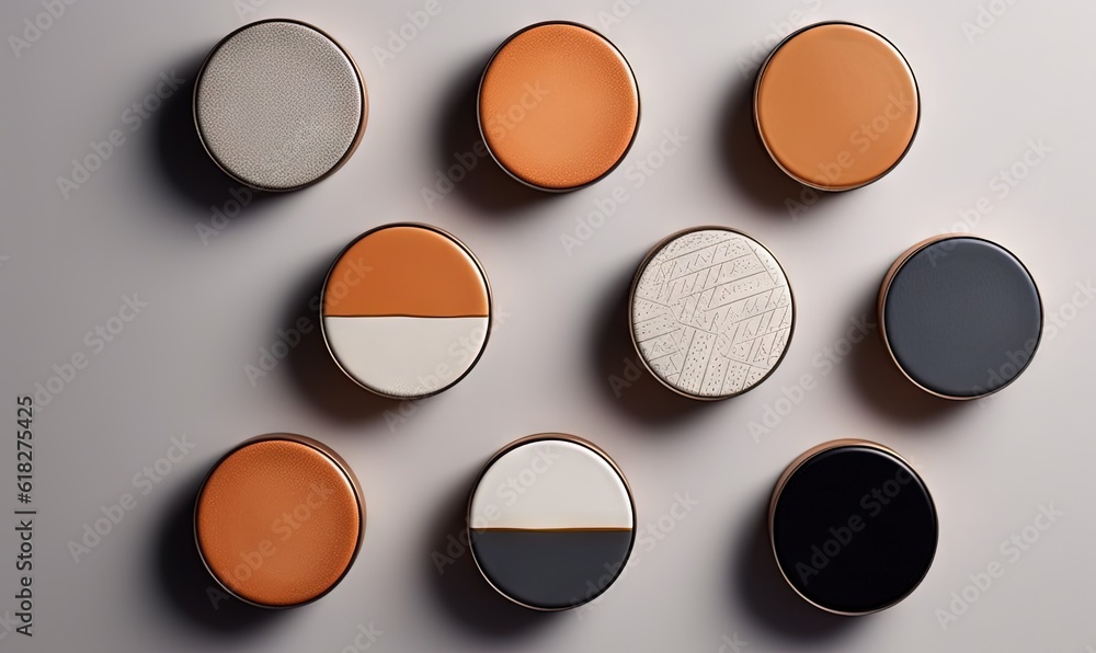 Aufkleber a group of different types of round objects on a white surface with a gray background and a white ba