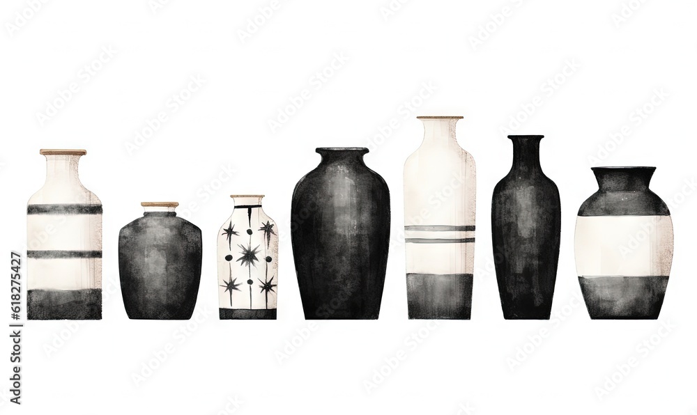 Poster a group of black and white vases sitting next to each other on a white surface with a black and whit