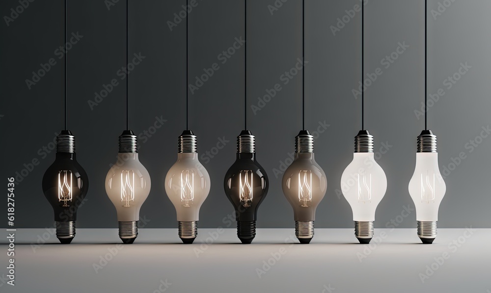 Poster a group of light bulbs hanging from a line of lightshades in a dark room with a gray wall in the bac
