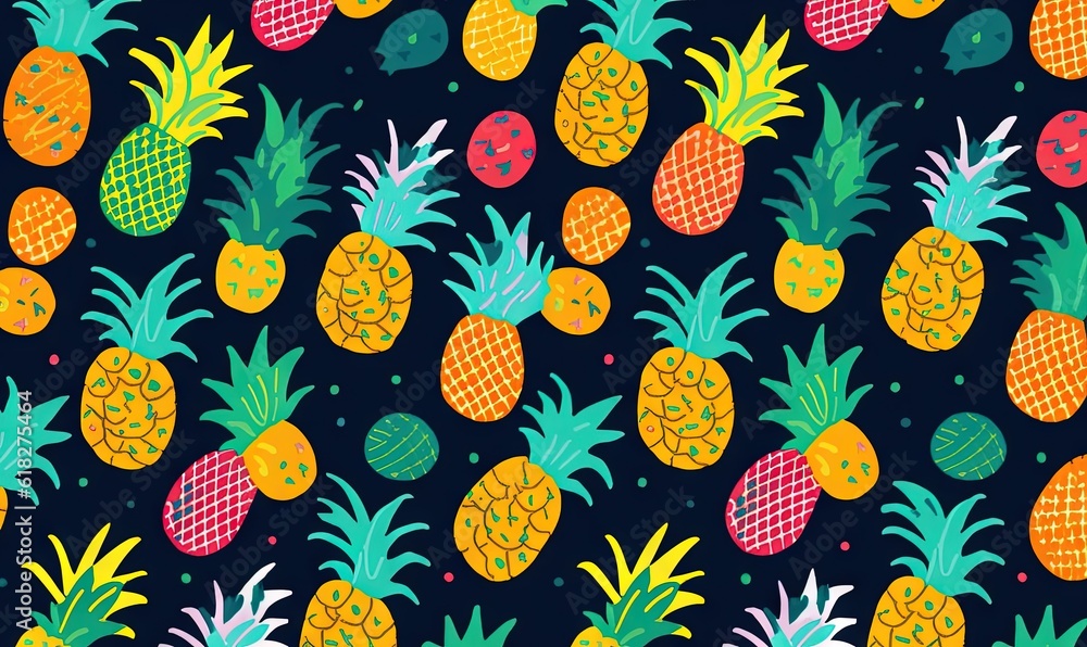 Poster a pattern of pineapples and pineapples on a dark background with a splash of paint on the top of the