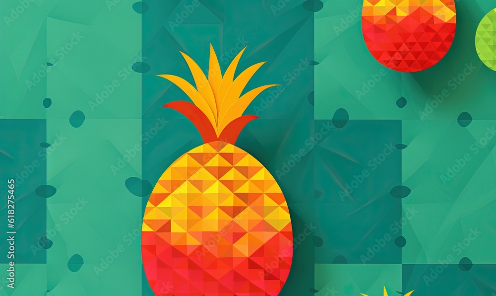 Poster a pineapple and a pineapple on a green background with geometric shapes in the foreground, and a pin