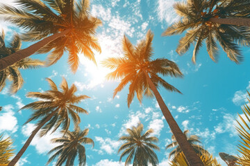 The view from below captures a blue sky and palm trees, presented in a vintage style, evoking a tropical beach and summer atmosphere. It represents the concept of travel. Generative Ai, Ai.