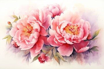 Peonies in Bloom watercolor illustration. AI generated