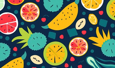  a bunch of fruit that are on a blue surface with a pattern of fruit on it, including oranges, kiwis, lemons, and watermelon.  generative ai