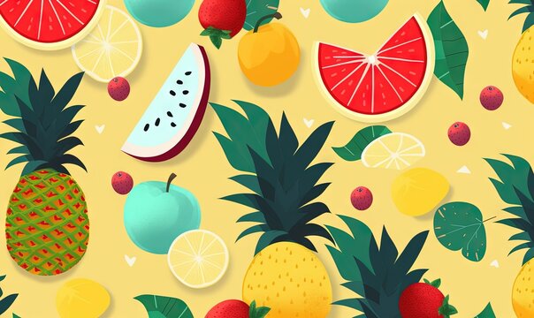  a bunch of fruit that are on a yellow background with a pattern of pineapples, watermelon, lemons, and strawberries.  generative ai