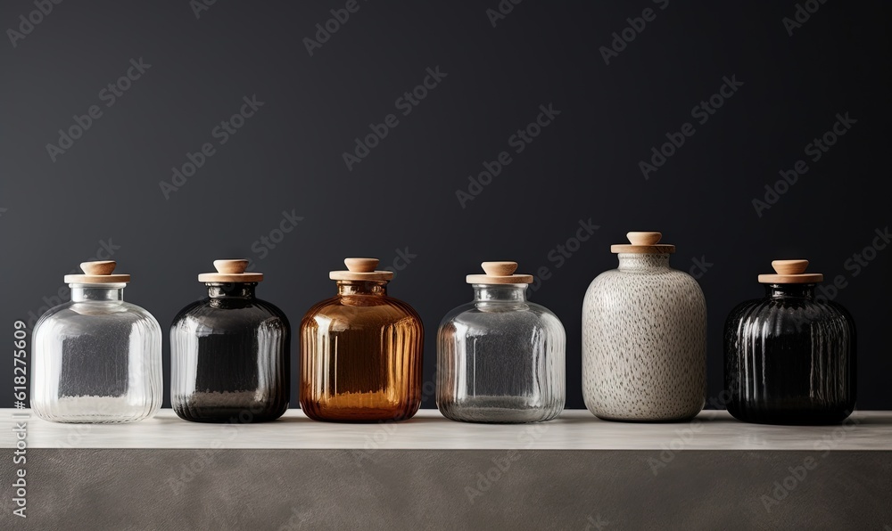 Poster a row of glass bottles sitting on top of a counter next to each other on a counter top in front of a