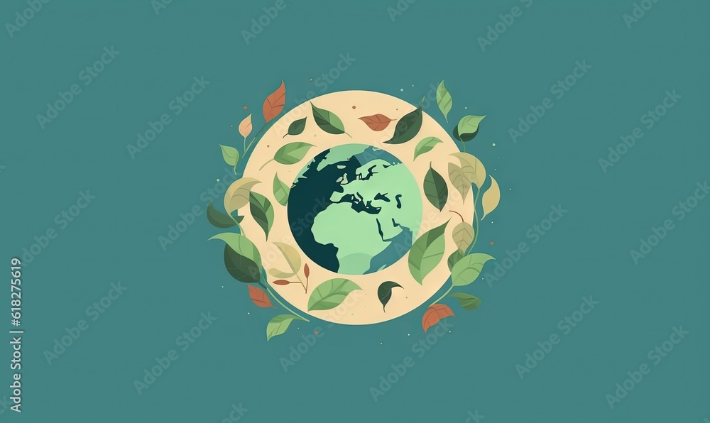 Aufkleber a green earth surrounded by leaves on a blue background with a green background and a green backgrou
