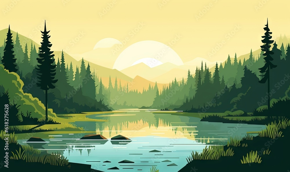 Poster a painting of a river surrounded by trees and mountains with a sunset in the background and a few ro