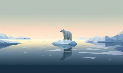  a polar bear standing on an iceberg in the water with mountains in the background and a sky with clouds and a few clouds in the distance.  generative ai