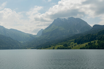 Lake Waegitalersee in an alpine scenery in Switzerland