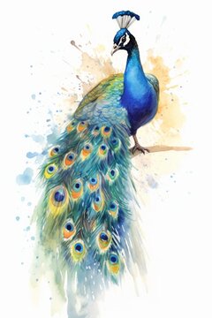 Proud peacock showing off its feathers watercolor. AI generated
