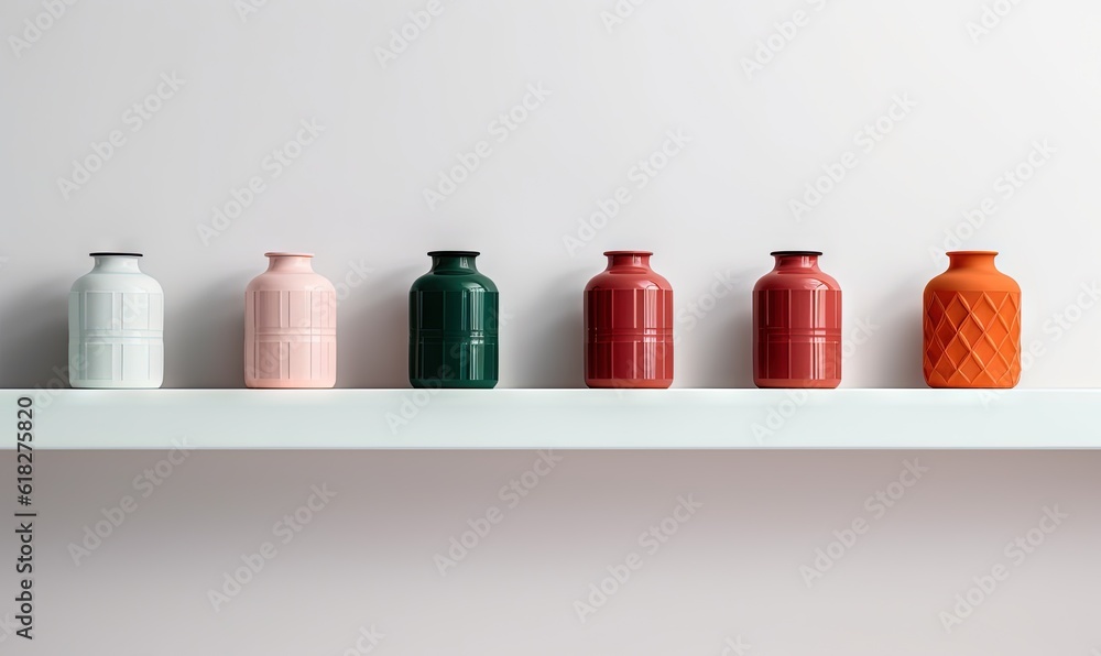 Poster a row of vases sitting on top of a white shelf next to each other on a white wall behind a white she