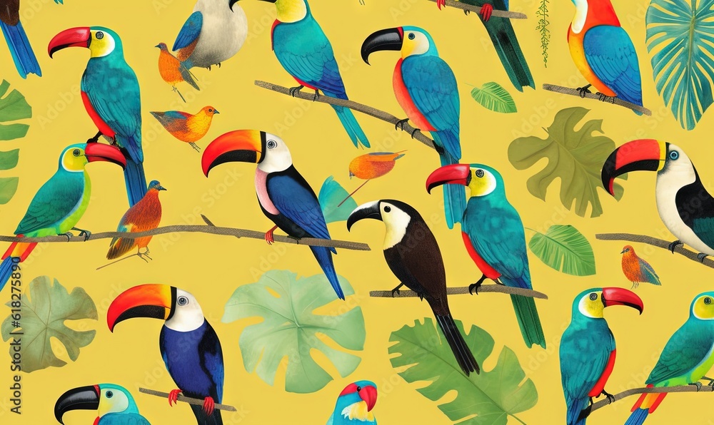 Poster a group of colorful birds sitting on top of a tree branch in front of a leafy yellow background with