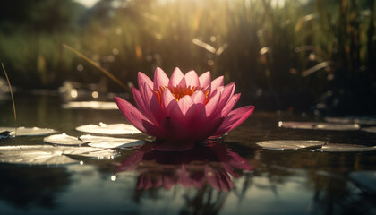 Lotus water lily blossoms in tranquil pond   generated by AI