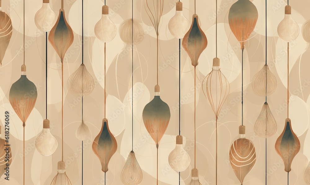 Poster a wall with a lot of different shapes and sizes of ornaments hanging from it's sides and on the wall