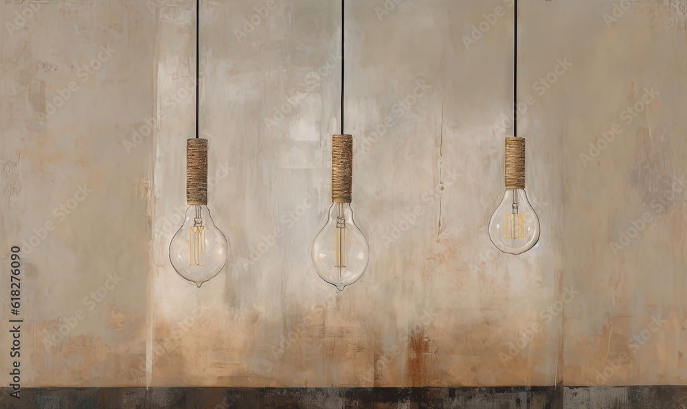 Poster a group of three light bulbs hanging from a ceiling with a concrete wall behind them and a light bul