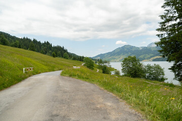 Fototapeta na wymiar Lake Waegitalersee in an alpine scenery in Switzerland