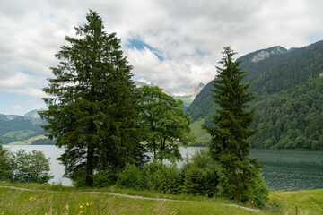 Fototapeta na wymiar Lake Waegitalersee in an alpine scenery in Switzerland