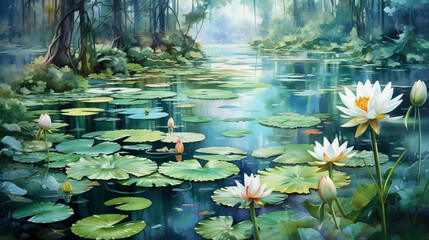 Quiet Pond with Lilies and Dragonflies watercolor. AI generated