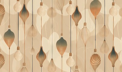  a wall with a lot of different shapes and sizes of ornaments hanging from it's sides and on the wall is a beige background with brown and white circles.  generative ai