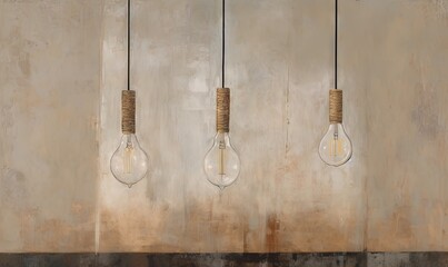  a group of three light bulbs hanging from a ceiling with a concrete wall behind them and a light bulb hanging from the ceiling with a cord.  generative ai