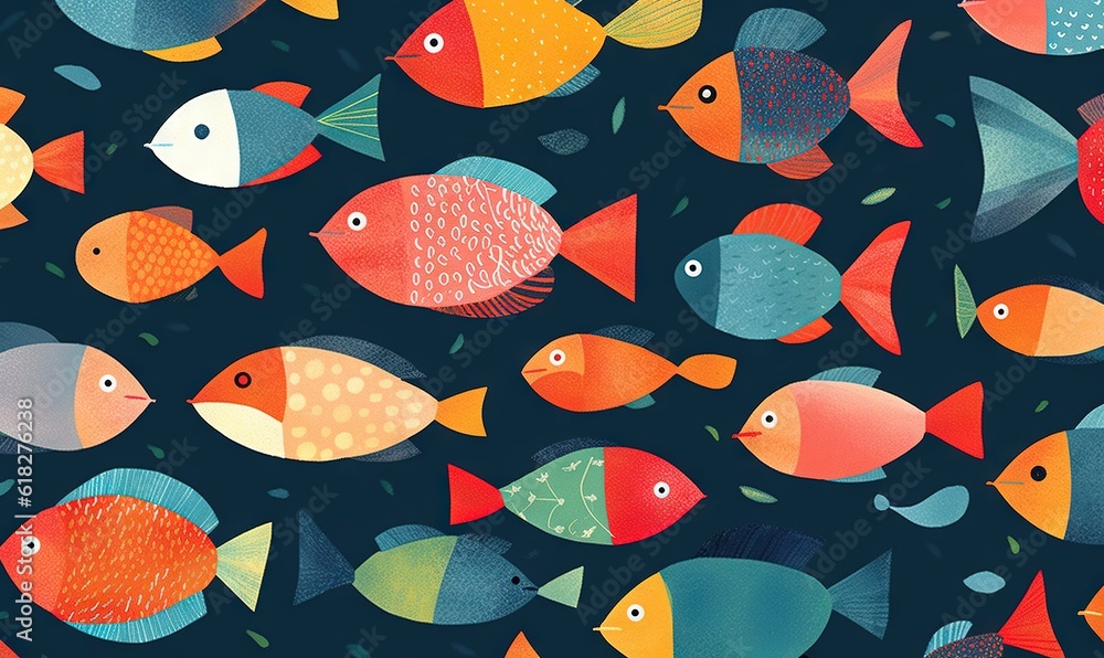 Poster  a group of colorful fish on a black background with a blue sky in the background and a blue sky in the background with a few smaller fish in the middle.  generative ai