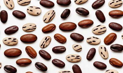  a bunch of nuts that are on a white surface with black spots on them and brown and white ones on the top of the nuts.  generative ai