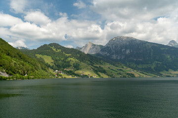Lake Waegitalersee in an alpine scenery in Switzerland