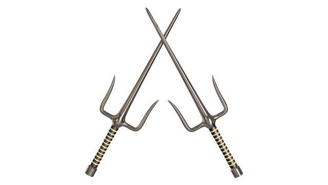 Two crossed sai weapon isolated on white and transparent background. Weapon concept. 3D render