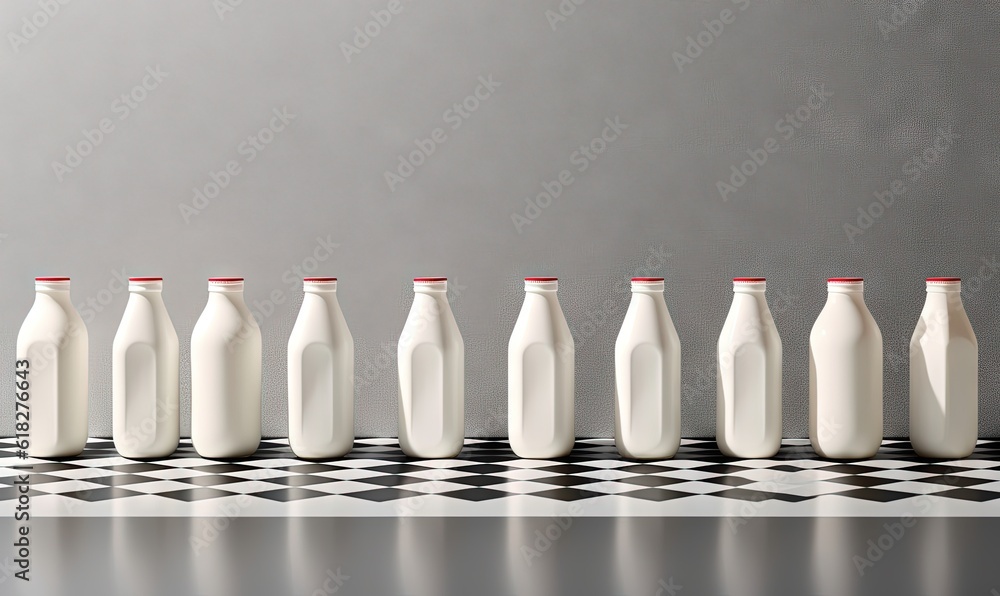 Poster a row of milk bottles sitting on top of a checkered tablecloth with a gray wall in the back ground b