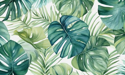  a watercolor painting of tropical leaves on a white background with green and blue colors, including green and green leaves, and a white background.  generative ai