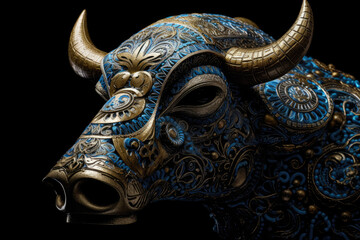 A magnificent figurine of a bull lavishly adorned with intricate decorations, representing strength, beauty, and cultural heritage. Generative Ai, Ai.