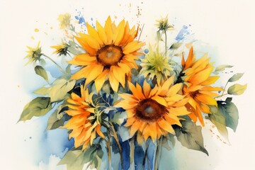 Rustic Sunflowers watercolor illustration. AI generated