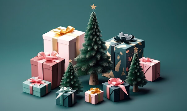 Winter gift boxes and miniature Christmass tree, isometria. AI generative