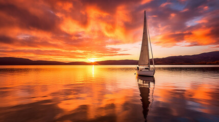 Fototapeta na wymiar A lone sailboat glides gracefully across a glassy lake, leaving behind a trail of ripples that reflect the brilliant hues of a fiery sunset Generative AI