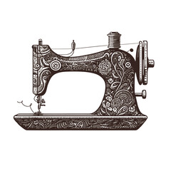 Vintage Sewing Machine Inky Illustration. Black ink old sewing machine vector illustration